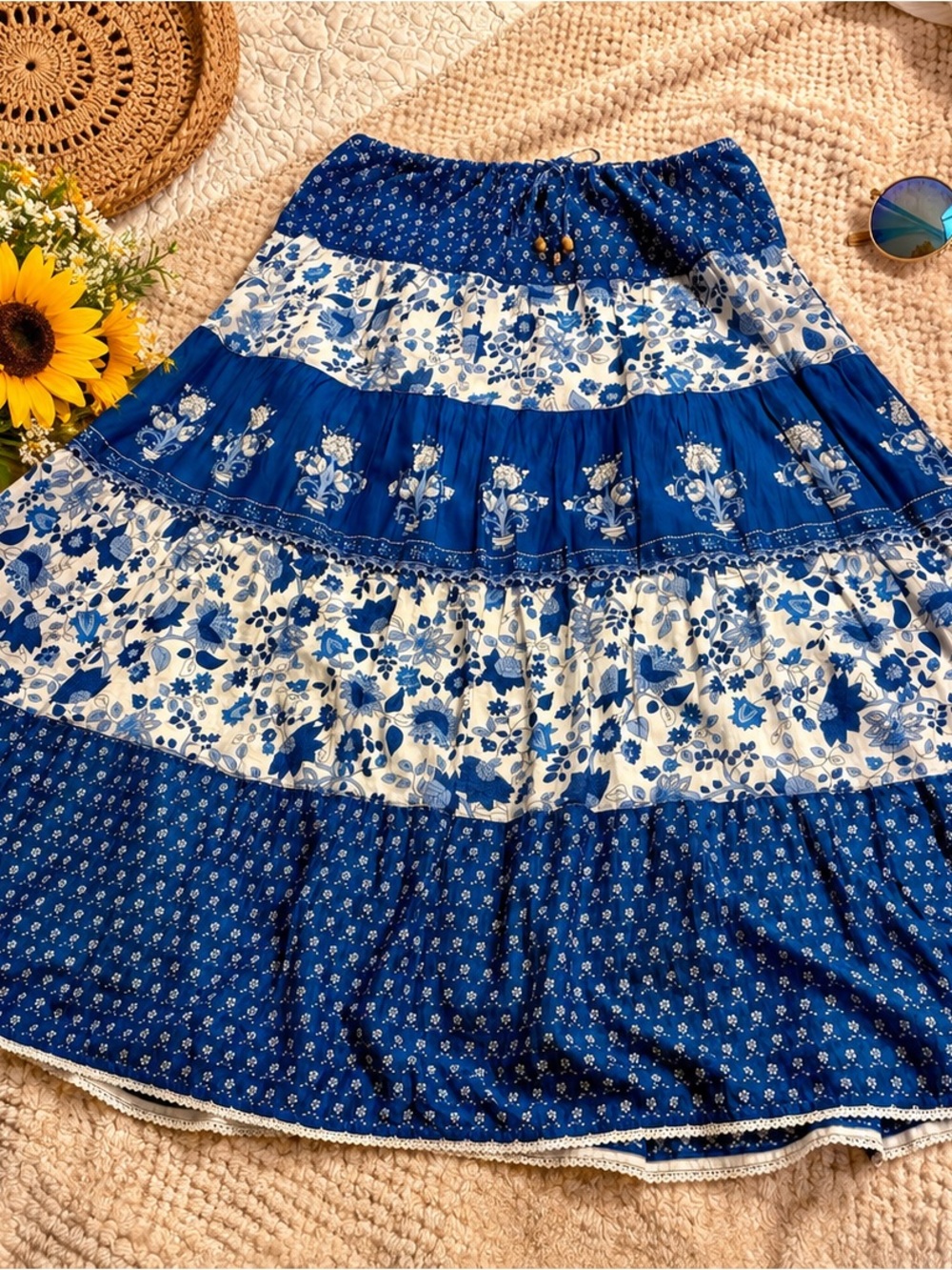 Lauren Ralph Lauren Blue & White Boho Tiered Maxi Skirt | Cotton | M